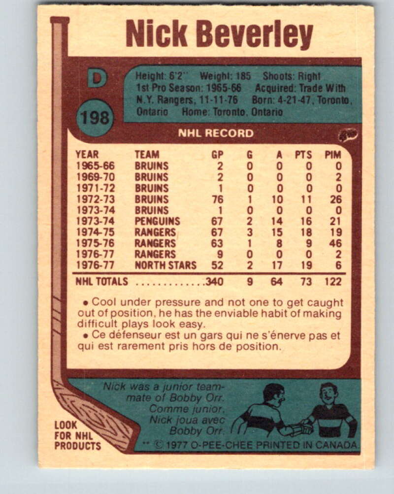 1977-78 O-Pee-Chee #198 Nick Beverley Minnesota North Stars V14338