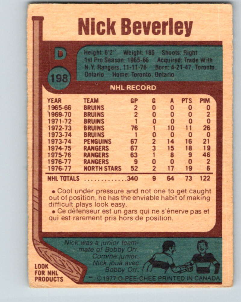 1977-78 O-Pee-Chee #198 Nick Beverley Minnesota North Stars V14339
