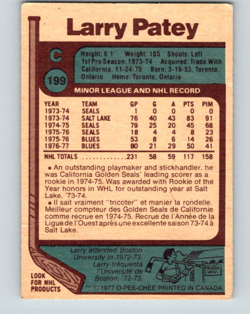 1977-78 O-Pee-Chee #199 Larry Patey St. Louis Blues V14341