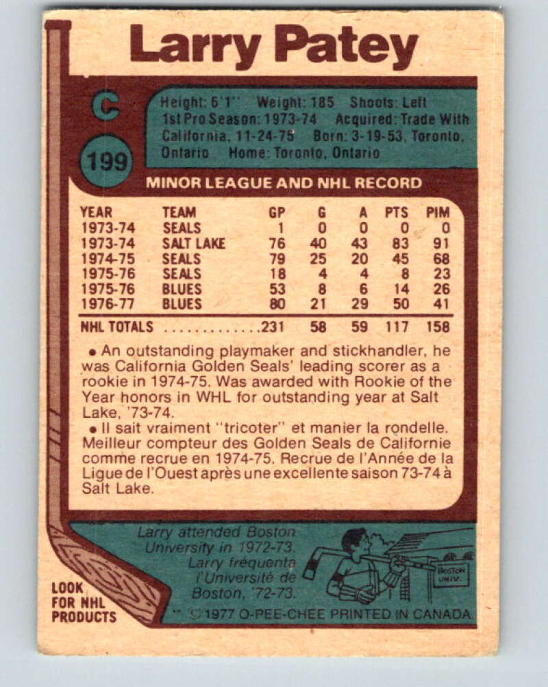 1977-78 O-Pee-Chee #199 Larry Patey St. Louis Blues V14345