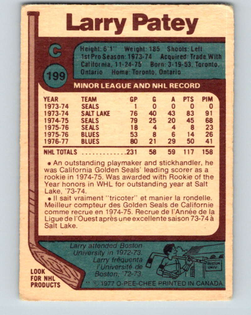 1977-78 O-Pee-Chee #199 Larry Patey St. Louis Blues V14346