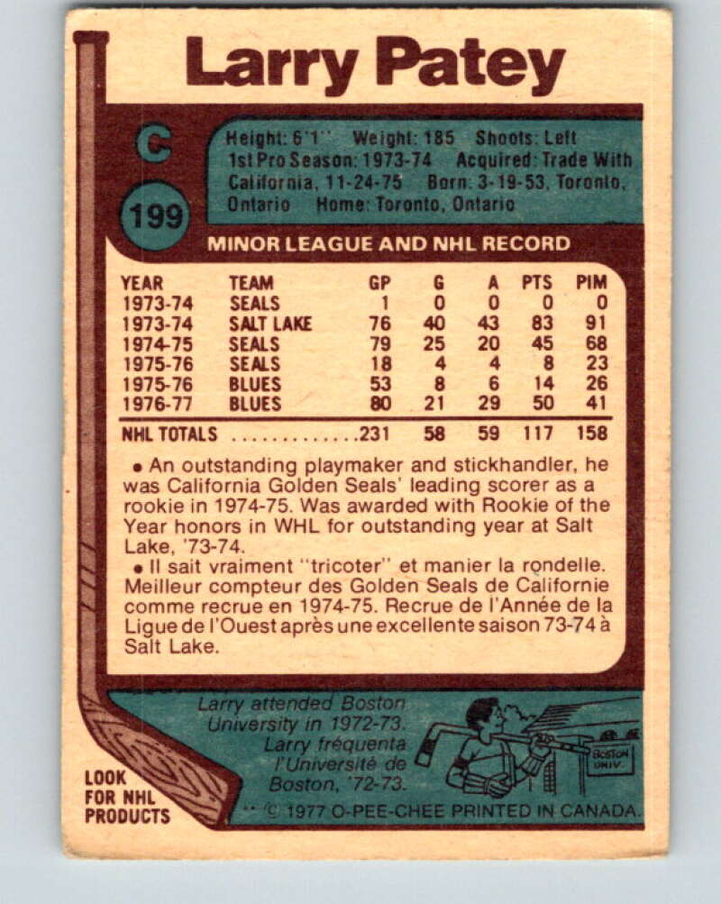 1977-78 O-Pee-Chee #199 Larry Patey St. Louis Blues V14347