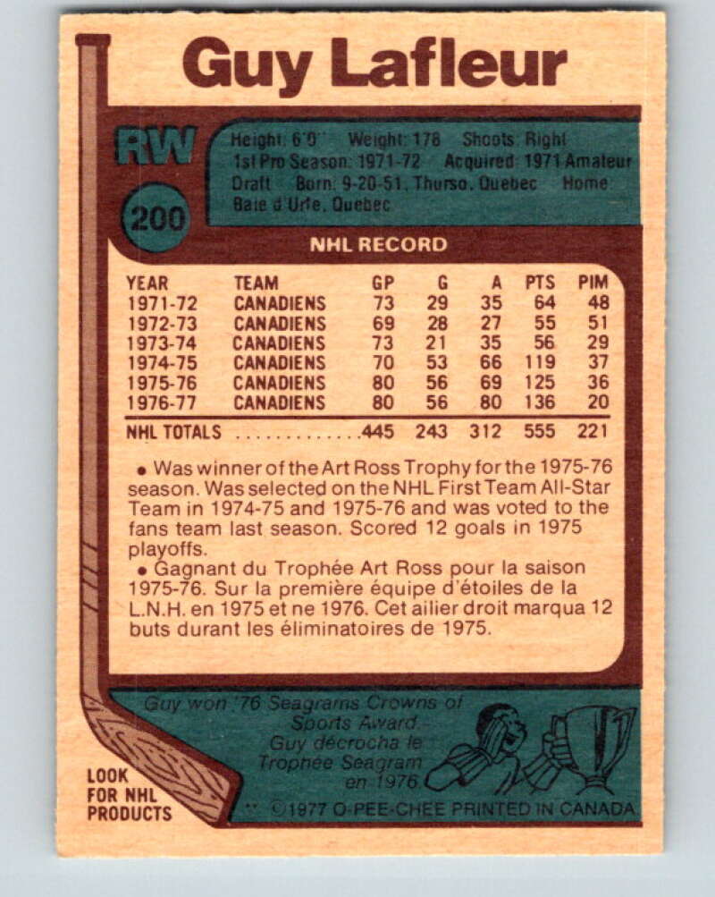 1977-78 O-Pee-Chee #200 Guy Lafleur AS Montreal Canadiens V14350