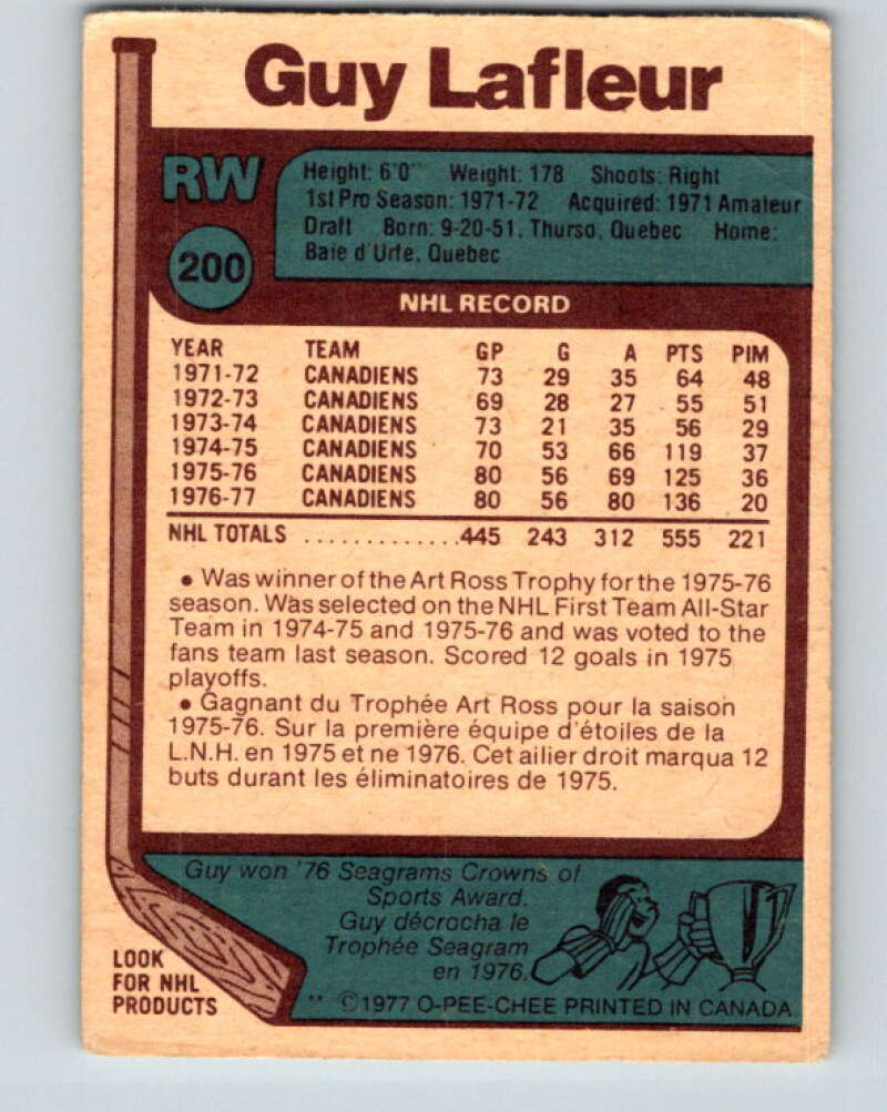 1977-78 O-Pee-Chee #200 Guy Lafleur AS Montreal Canadiens V14352