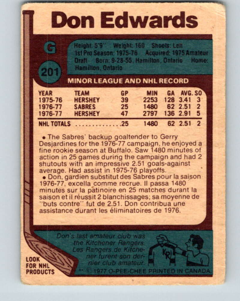 1977-78 O-Pee-Chee #201 Don Edwards RC Rookie Buffalo Sabres V14357