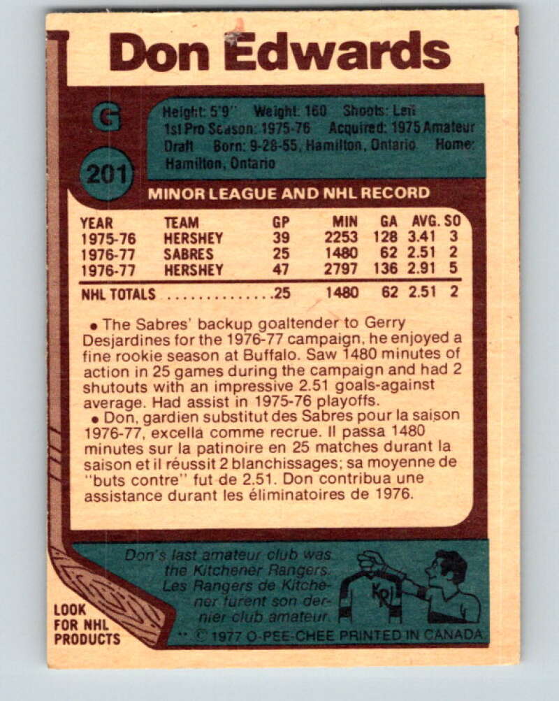 1977-78 O-Pee-Chee #201 Don Edwards RC Rookie Buffalo Sabres V14358