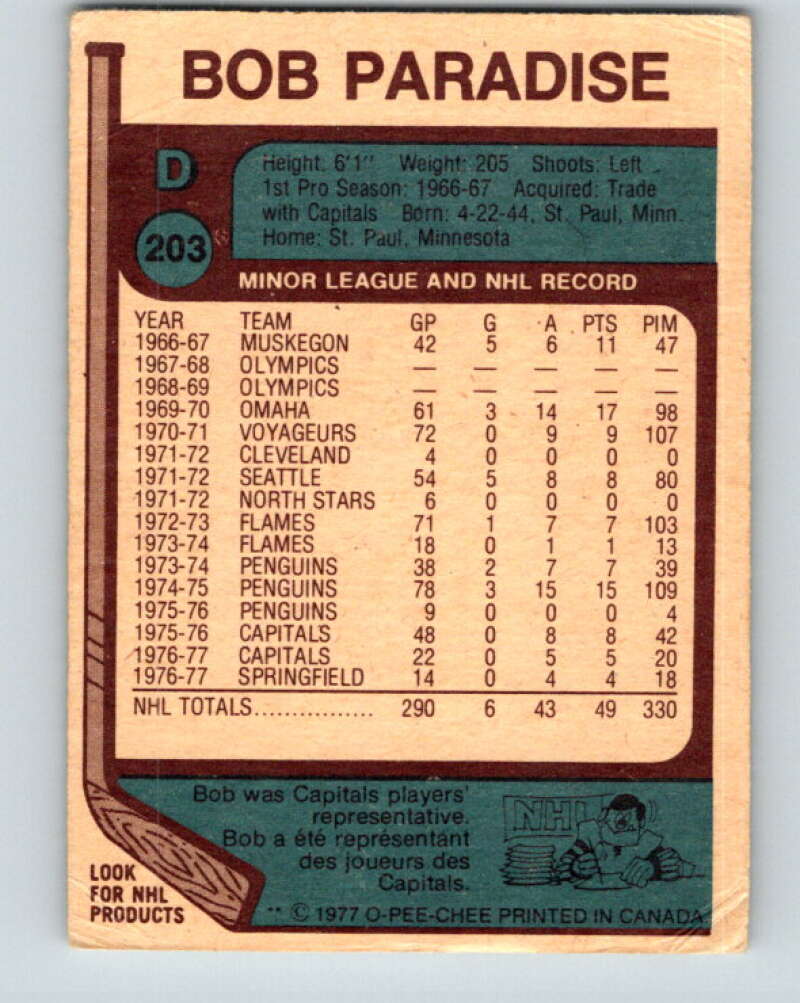 1977-78 O-Pee-Chee #203 Bob Paradise Pittsburgh Penguins V14368