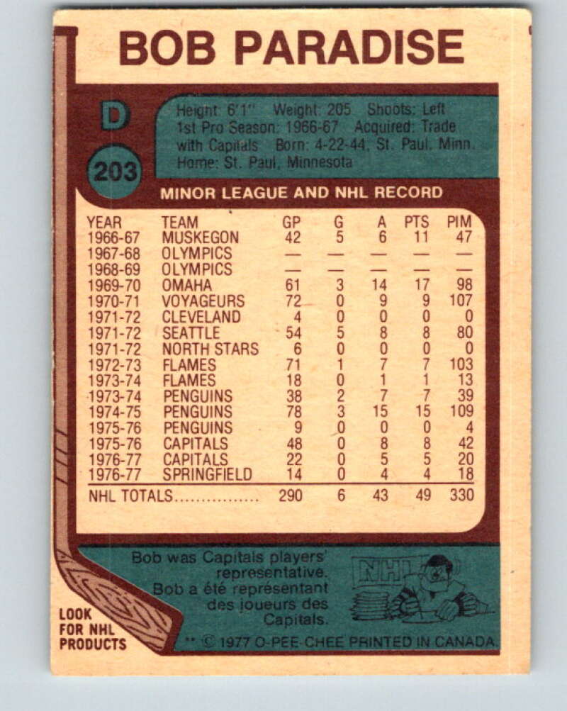 1977-78 O-Pee-Chee #203 Bob Paradise Pittsburgh Penguins V14369