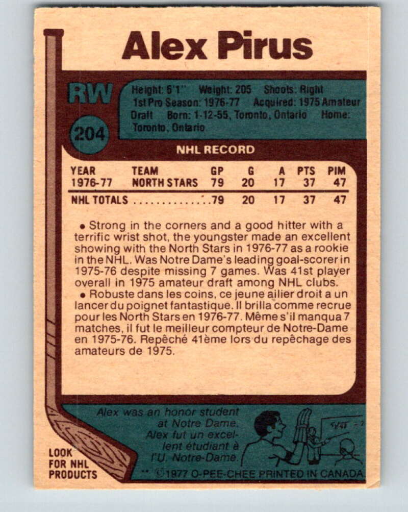 1977-78 O-Pee-Chee #204 Alex Pirus RC Rookie Minnesota North Stars V14370