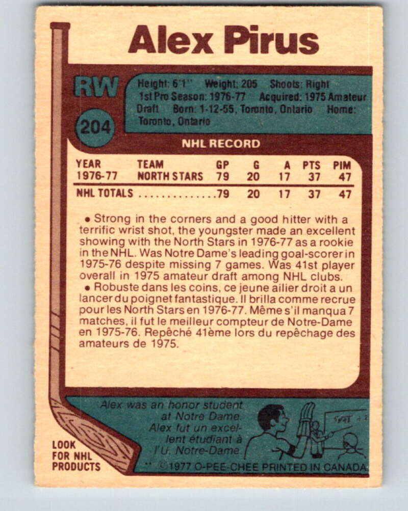 1977-78 O-Pee-Chee #204 Alex Pirus RC Rookie Minnesota North Stars V14371