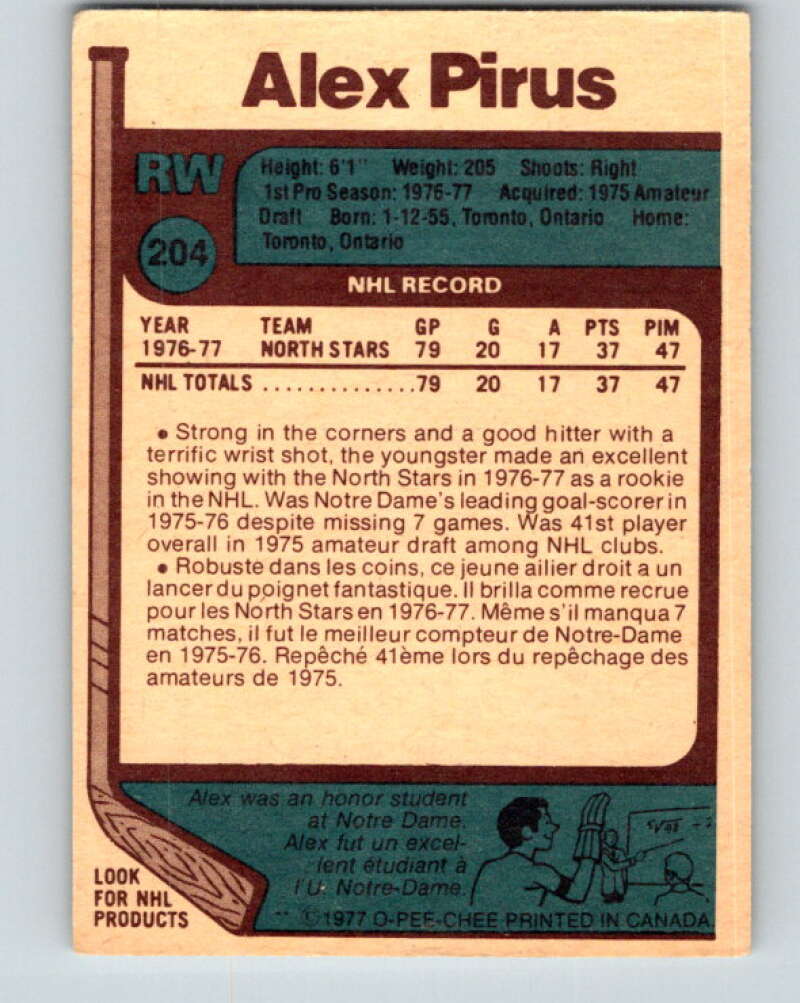 1977-78 O-Pee-Chee #204 Alex Pirus RC Rookie Minnesota North Stars V14376