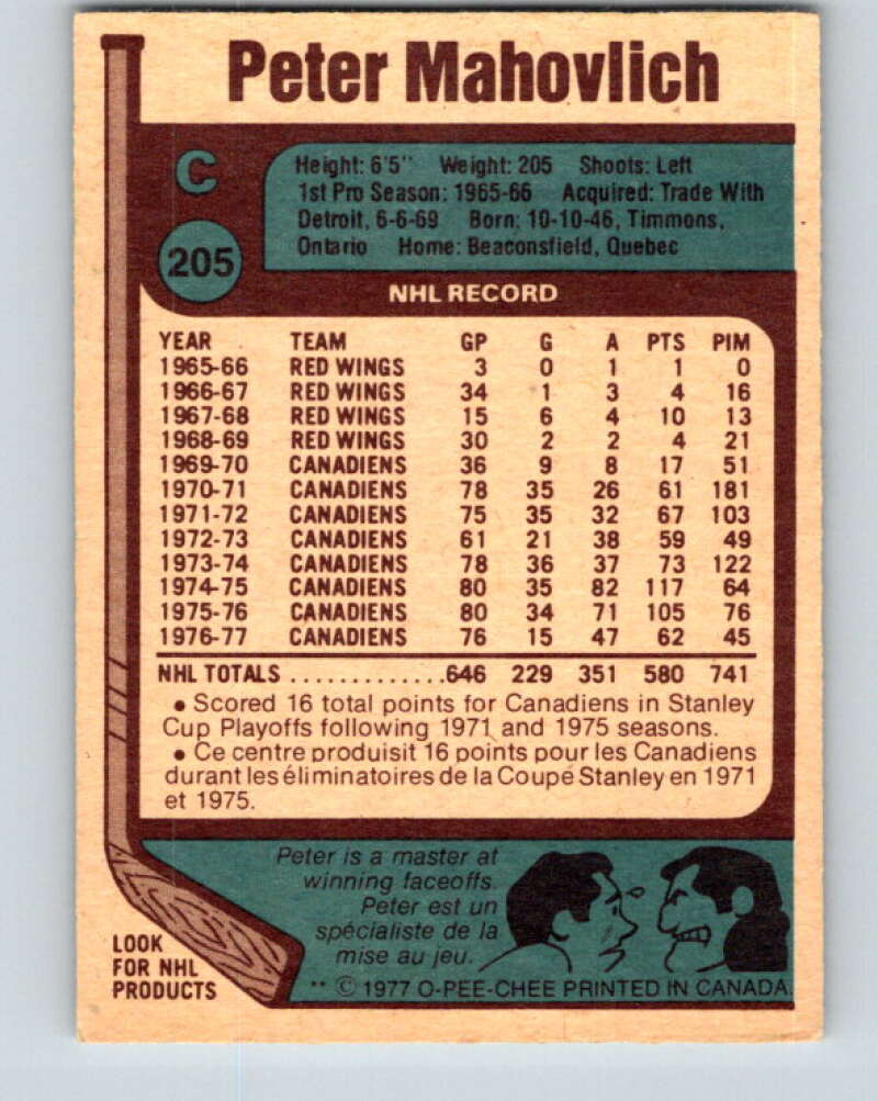 1977-78 O-Pee-Chee #205 Pete Mahovlich Montreal Canadiens V14377