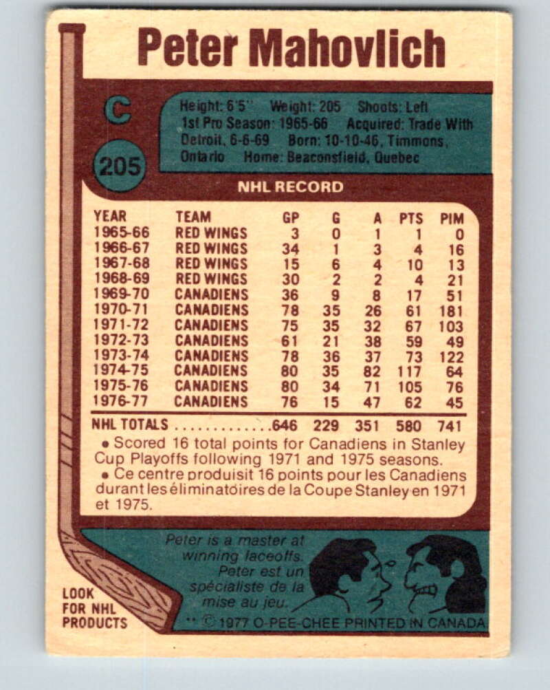 1977-78 O-Pee-Chee #205 Pete Mahovlich Montreal Canadiens V14378