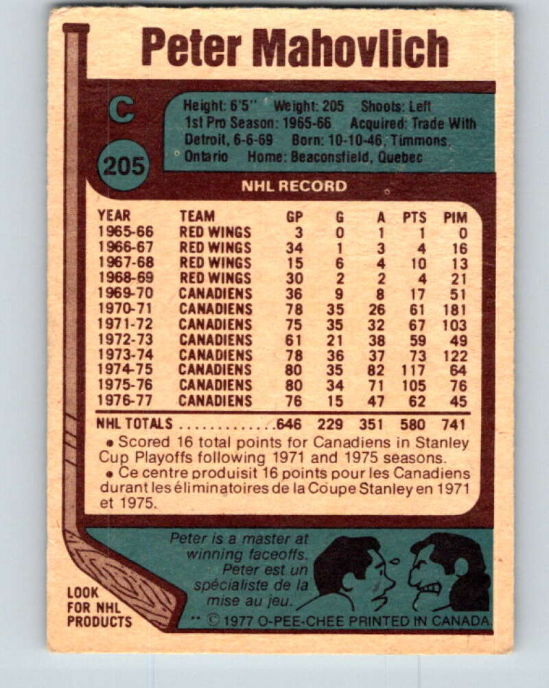 1977-78 O-Pee-Chee #205 Pete Mahovlich Montreal Canadiens V14379