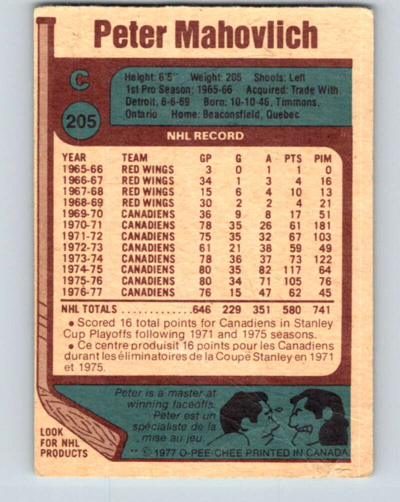 1977-78 O-Pee-Chee #205 Pete Mahovlich Montreal Canadiens V14382