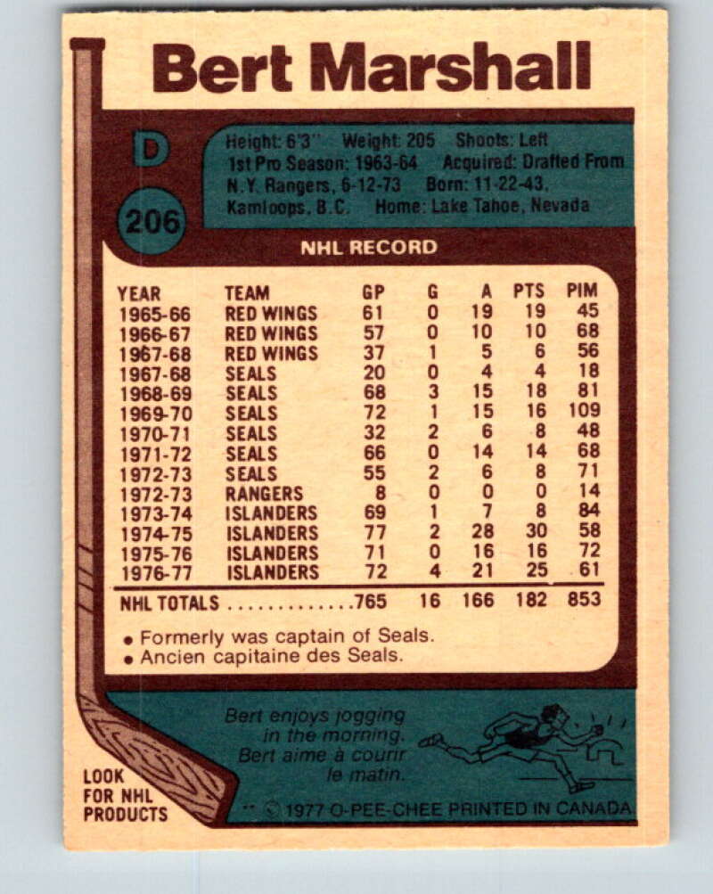 1977-78 O-Pee-Chee #206 Bert Marshall New York Islanders V14384