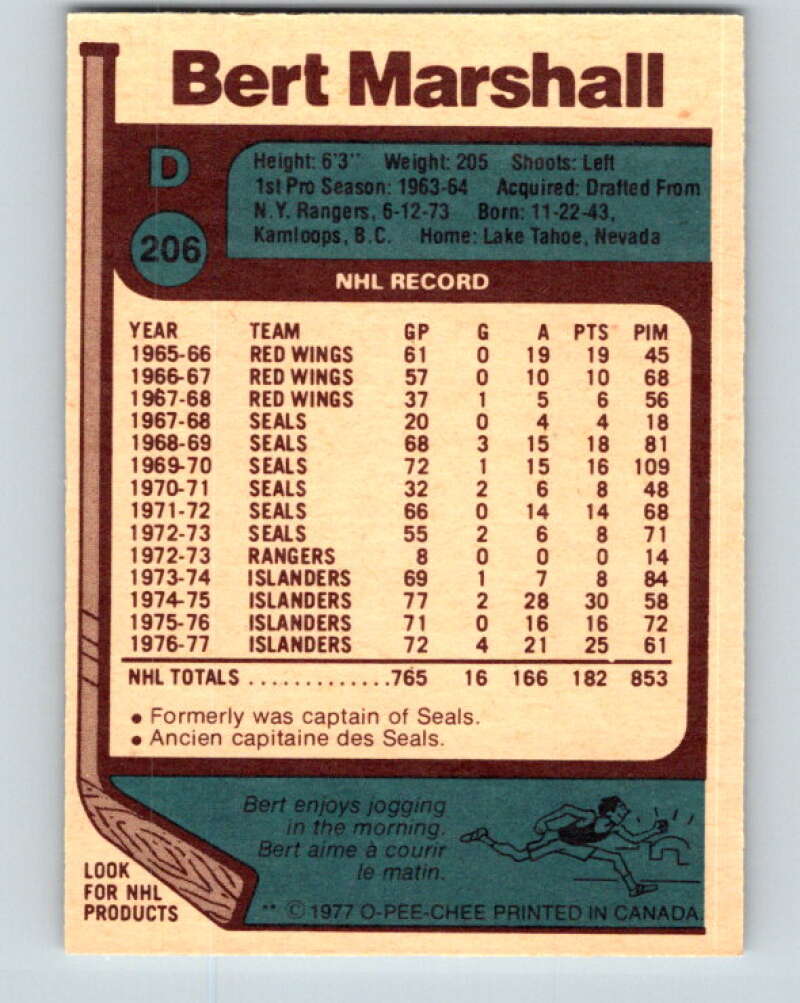 1977-78 O-Pee-Chee #206 Bert Marshall New York Islanders V14385