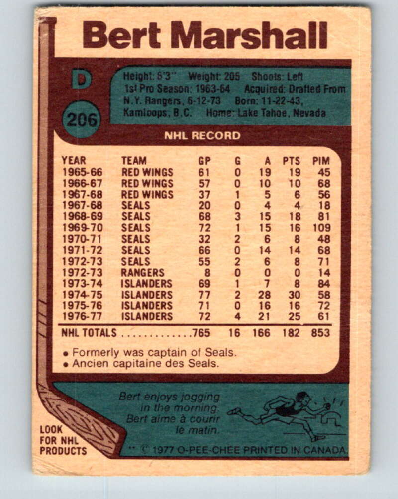 1977-78 O-Pee-Chee #206 Bert Marshall New York Islanders V14387