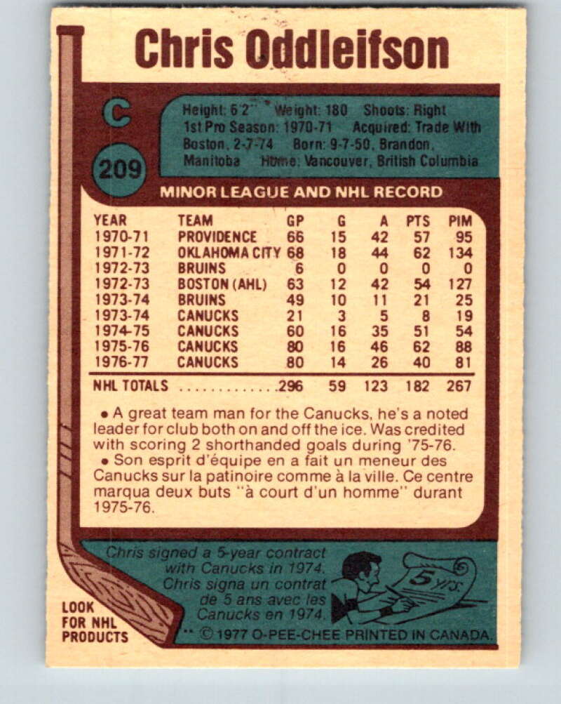 1977-78 O-Pee-Chee #209 Chris Oddleifson Vancouver Canucks V14405
