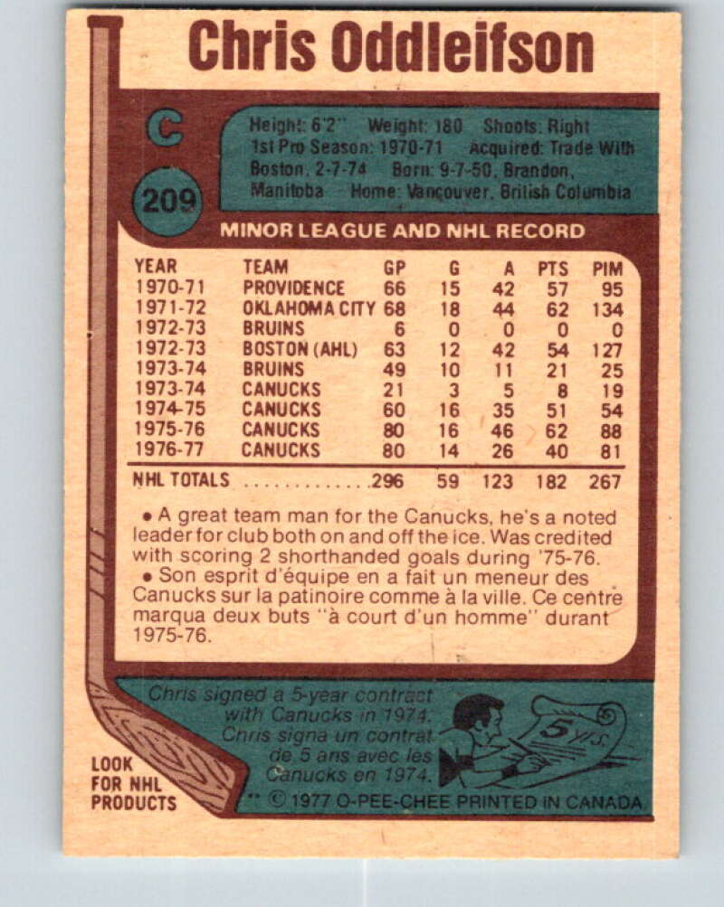 1977-78 O-Pee-Chee #209 Chris Oddleifson Vancouver Canucks V14407