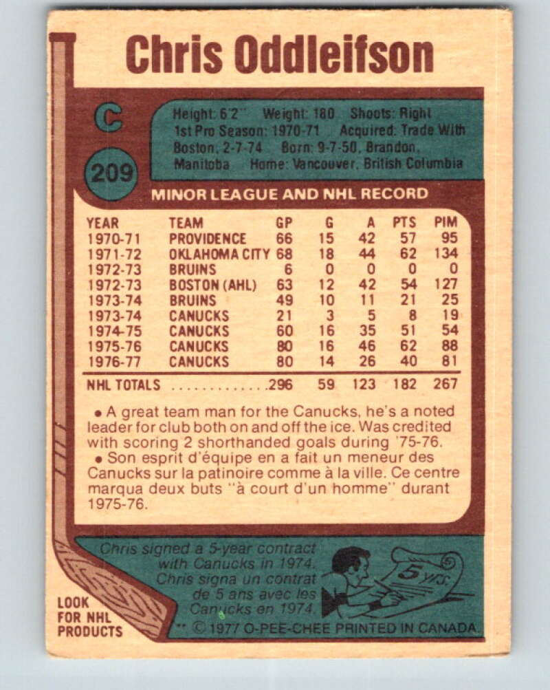 1977-78 O-Pee-Chee #209 Chris Oddleifson Vancouver Canucks V14409