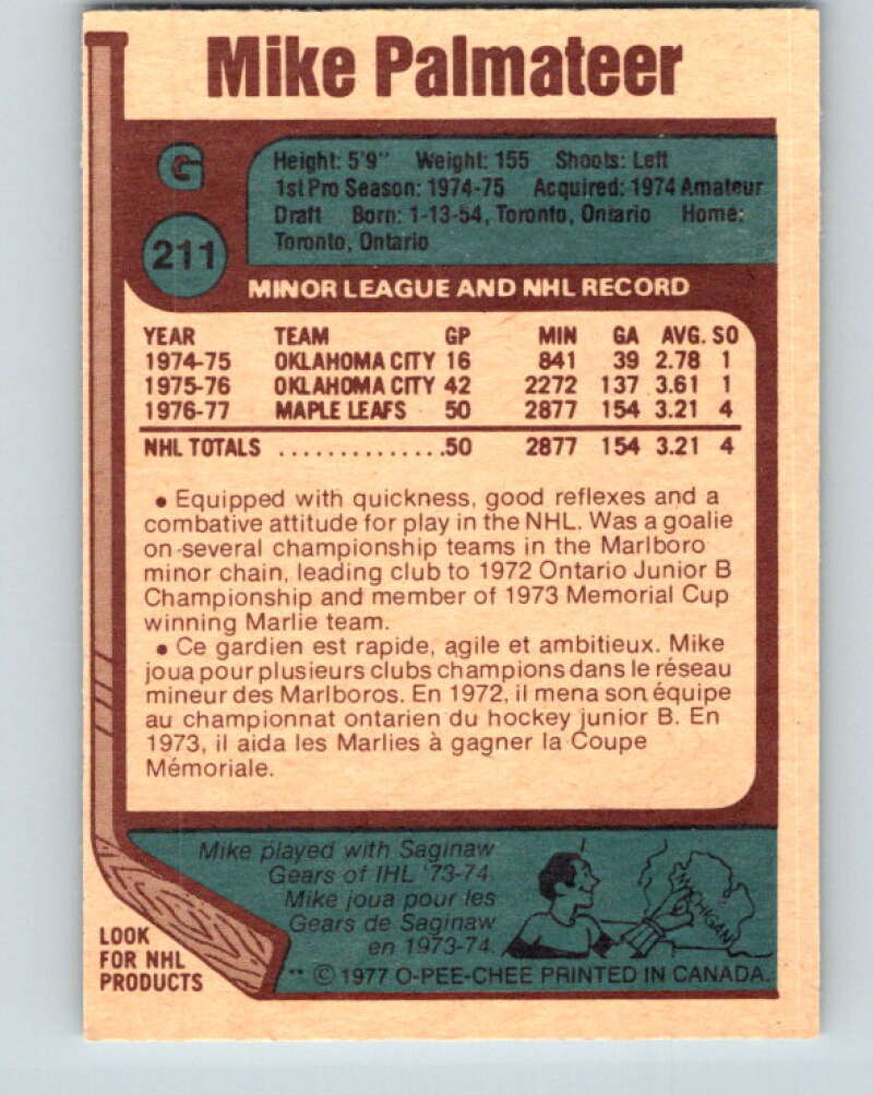 1977-78 O-Pee-Chee #211 Mike Palmateer RC Rookie Toronto Maple Leafs V14422