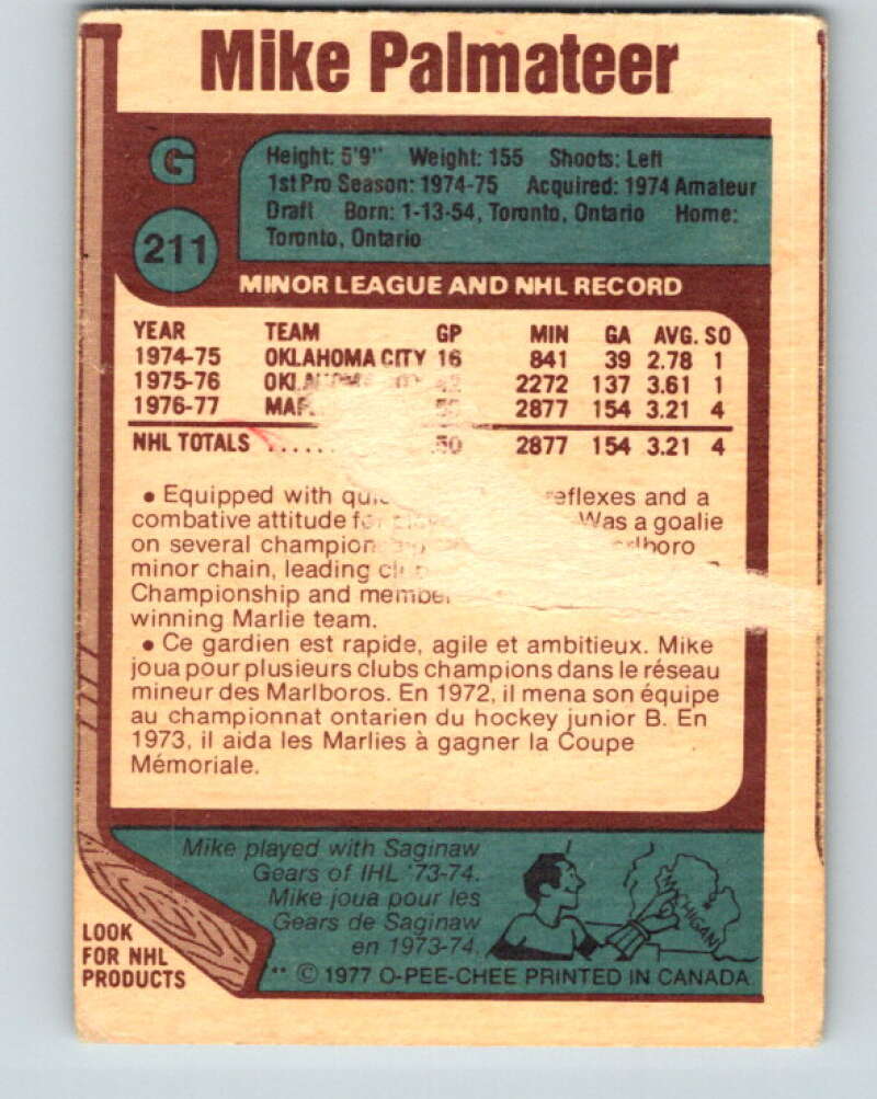 1977-78 O-Pee-Chee #211 Mike Palmateer RC Rookie Toronto Maple Leafs V14424