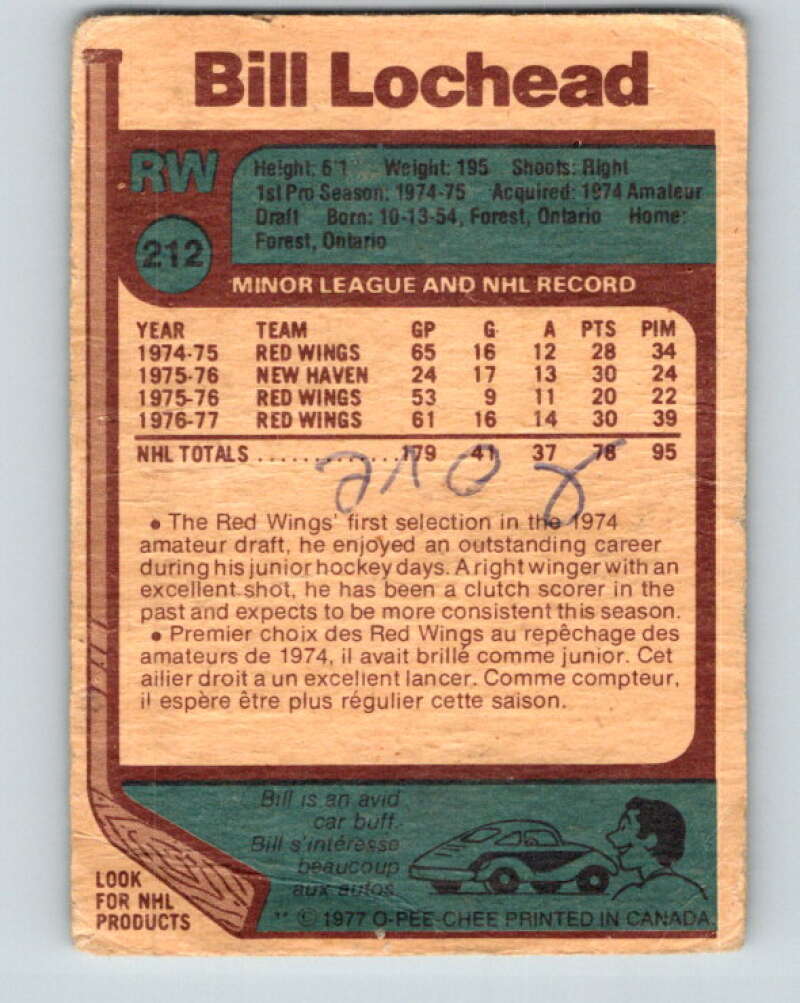 1977-78 O-Pee-Chee #212 Bill Lochead Detroit Red Wings V14435