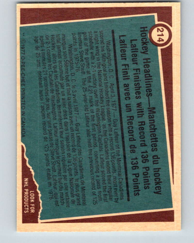 1977-78 O-Pee-Chee #214 Guy Lafleur RB Montreal Canadiens V14441