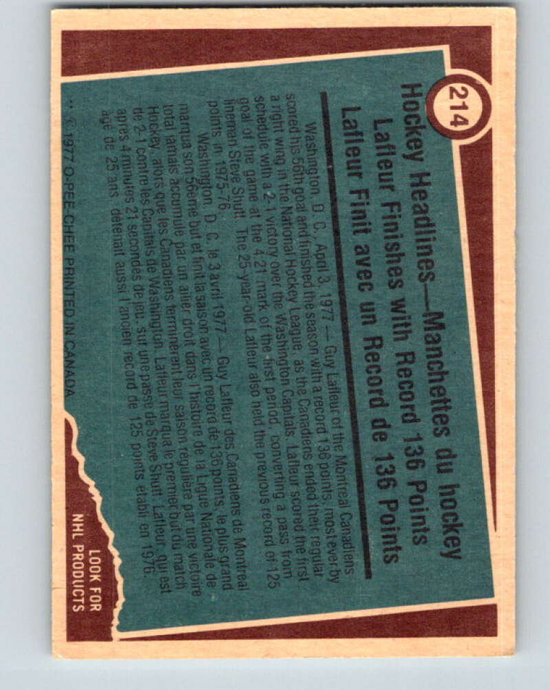 1977-78 O-Pee-Chee #214 Guy Lafleur RB Montreal Canadiens V14444
