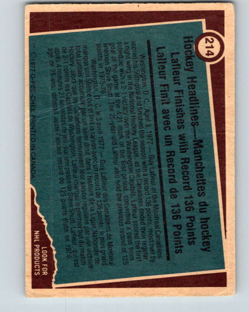 1977-78 O-Pee-Chee #214 Guy Lafleur RB Montreal Canadiens V14447