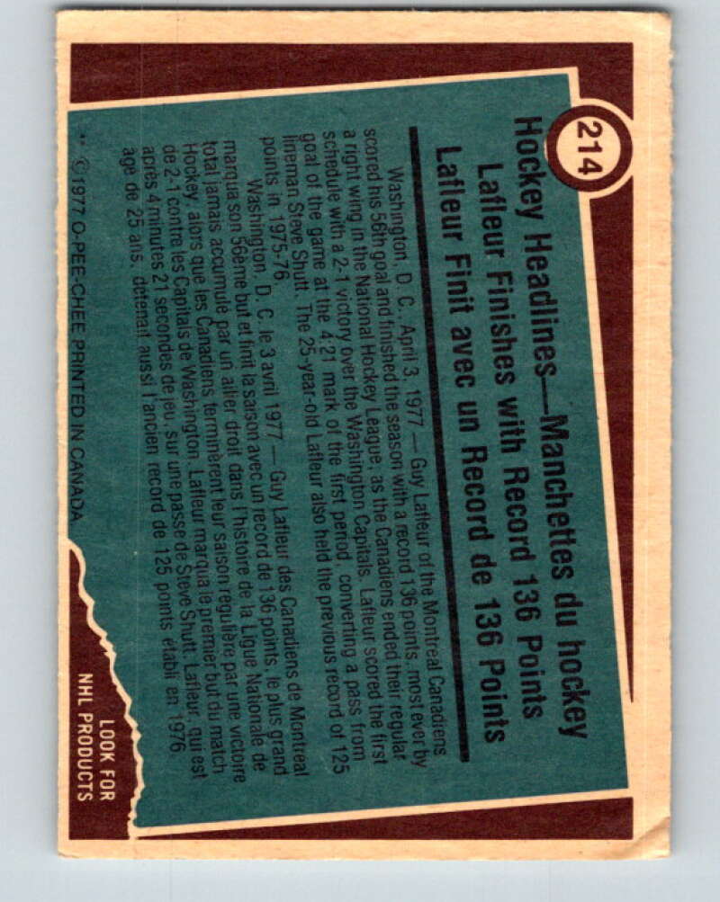 1977-78 O-Pee-Chee #214 Guy Lafleur RB Montreal Canadiens V14448