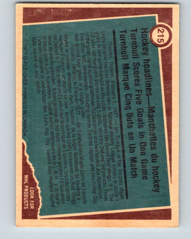 1977-78 O-Pee-Chee #215 Ian Turnbull RB Toronto Maple Leafs V14451