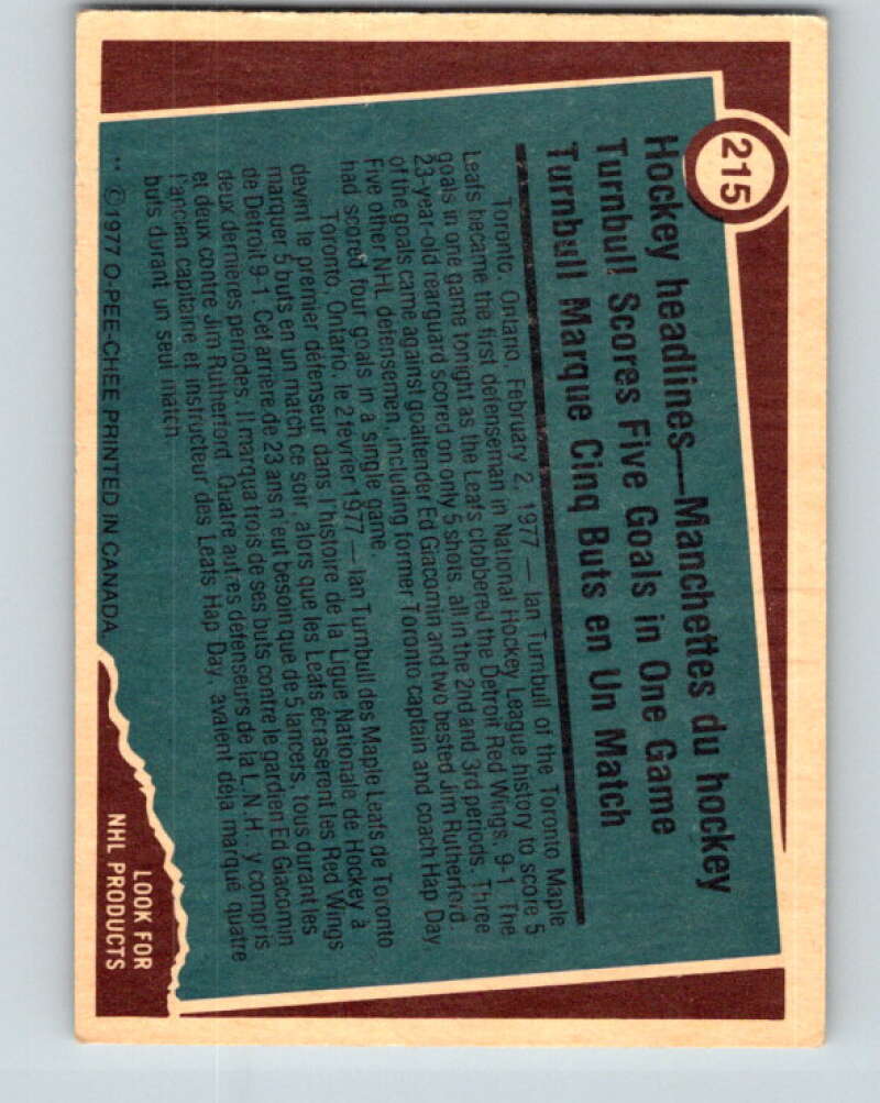 1977-78 O-Pee-Chee #215 Ian Turnbull RB Toronto Maple Leafs V14453