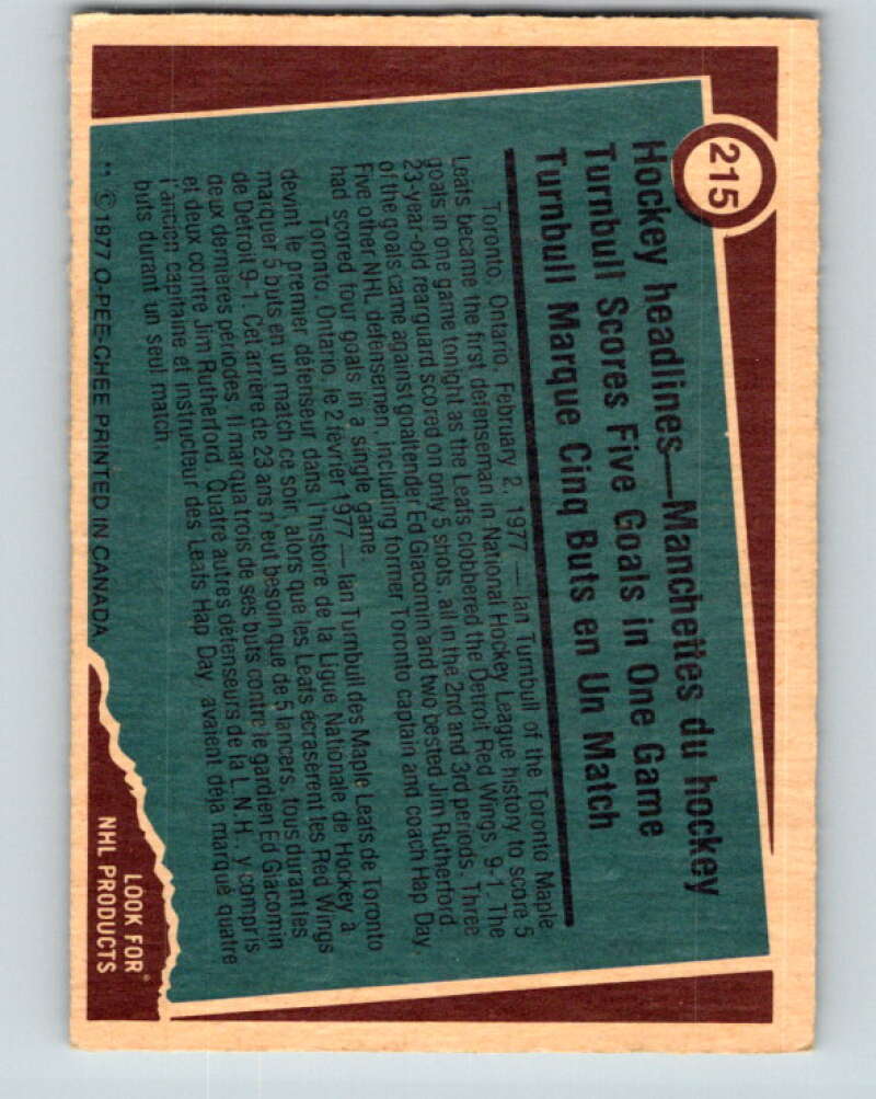 1977-78 O-Pee-Chee #215 Ian Turnbull RB Toronto Maple Leafs V14456