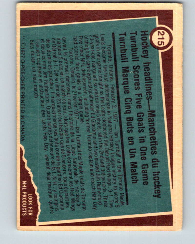 1977-78 O-Pee-Chee #215 Ian Turnbull RB Toronto Maple Leafs V14457