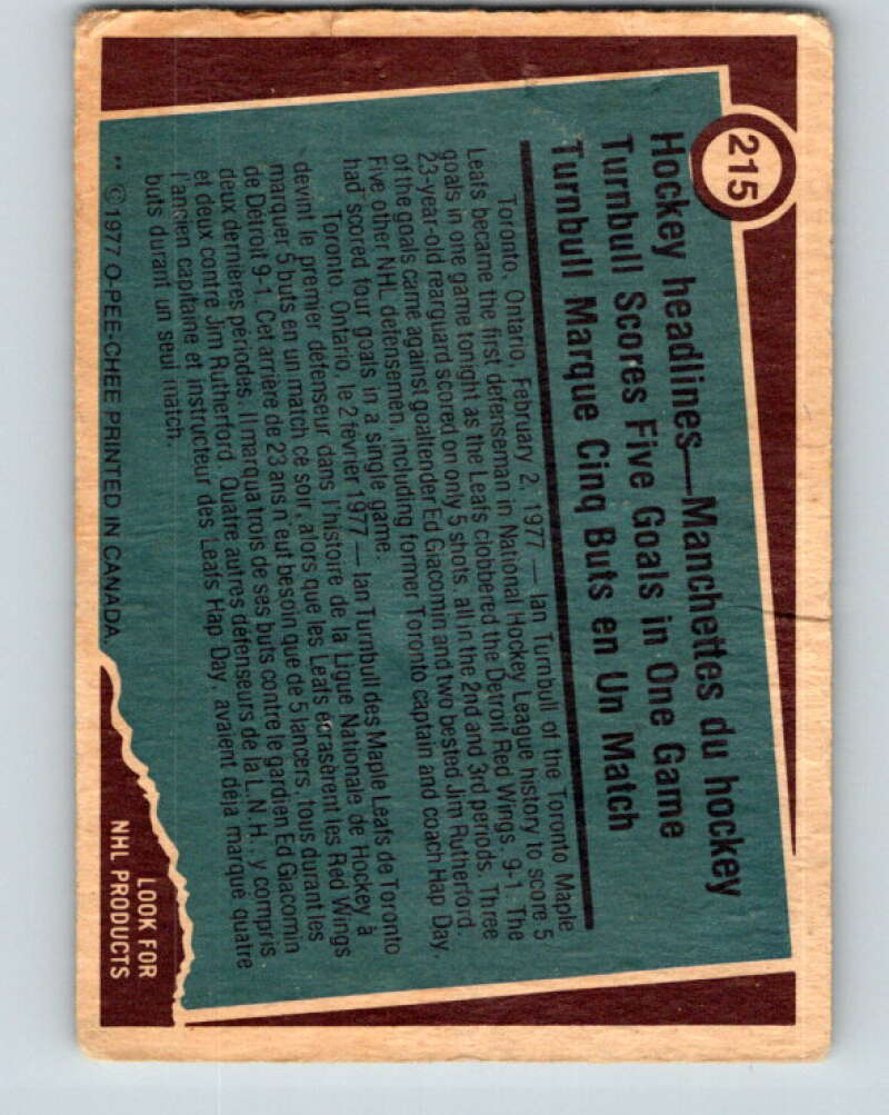 1977-78 O-Pee-Chee #215 Ian Turnbull RB Toronto Maple Leafs V14458