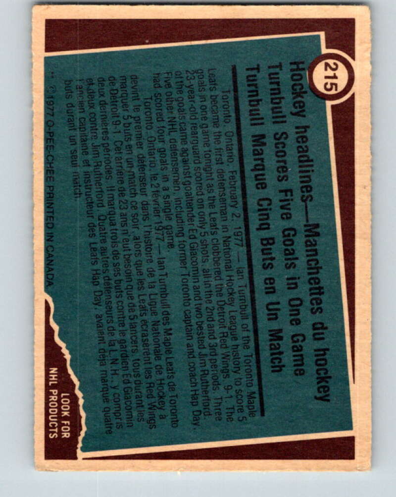 1977-78 O-Pee-Chee #215 Ian Turnbull RB Toronto Maple Leafs V14459