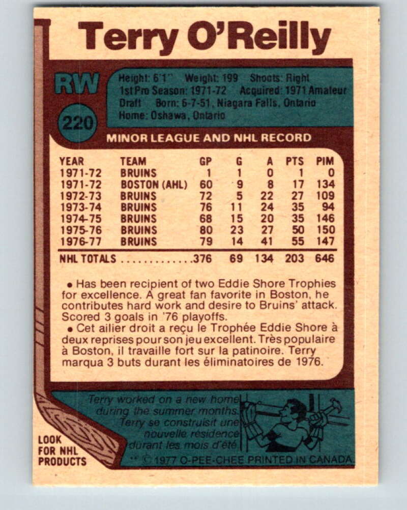 1977-78 O-Pee-Chee #220 Terry O'Reilly Boston Bruins V14489