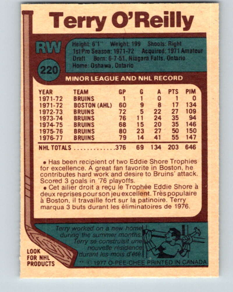 1977-78 O-Pee-Chee #220 Terry O'Reilly Boston Bruins V14491