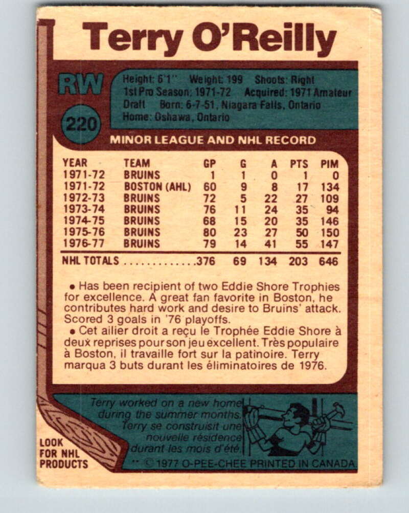 1977-78 O-Pee-Chee #220 Terry O'Reilly Boston Bruins V14492