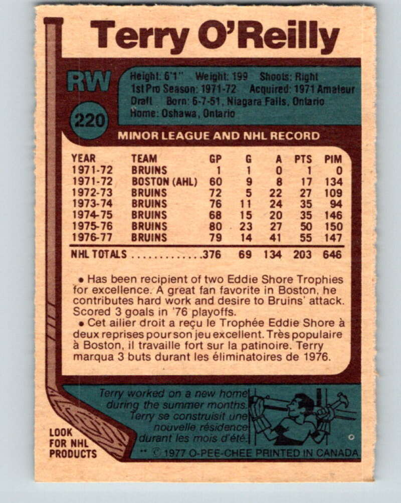 1977-78 O-Pee-Chee #220 Terry O'Reilly Boston Bruins V14493