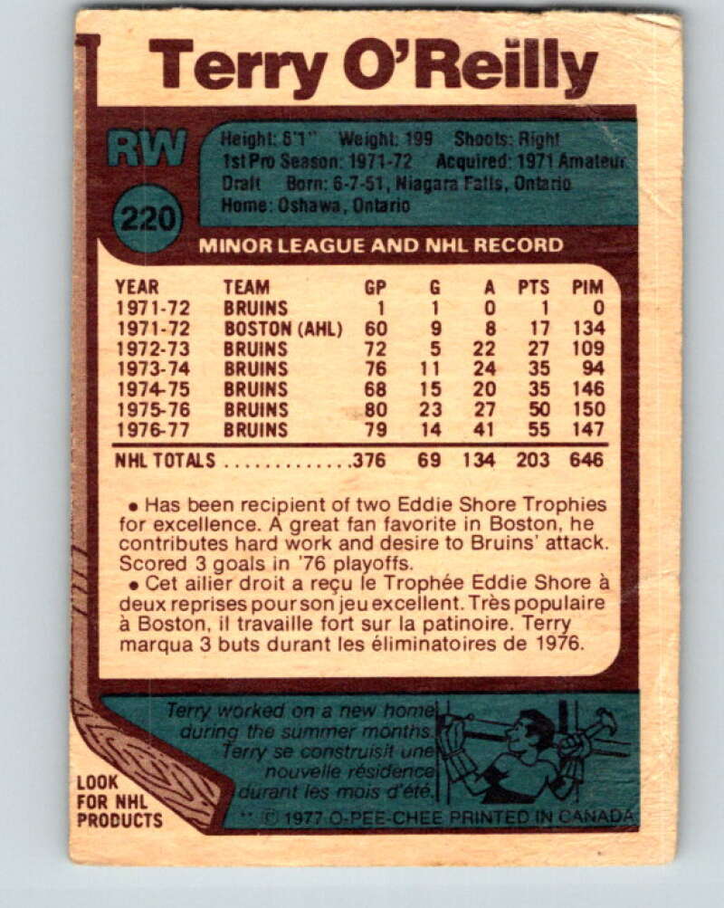 1977-78 O-Pee-Chee #220 Terry O'Reilly Boston Bruins V14494