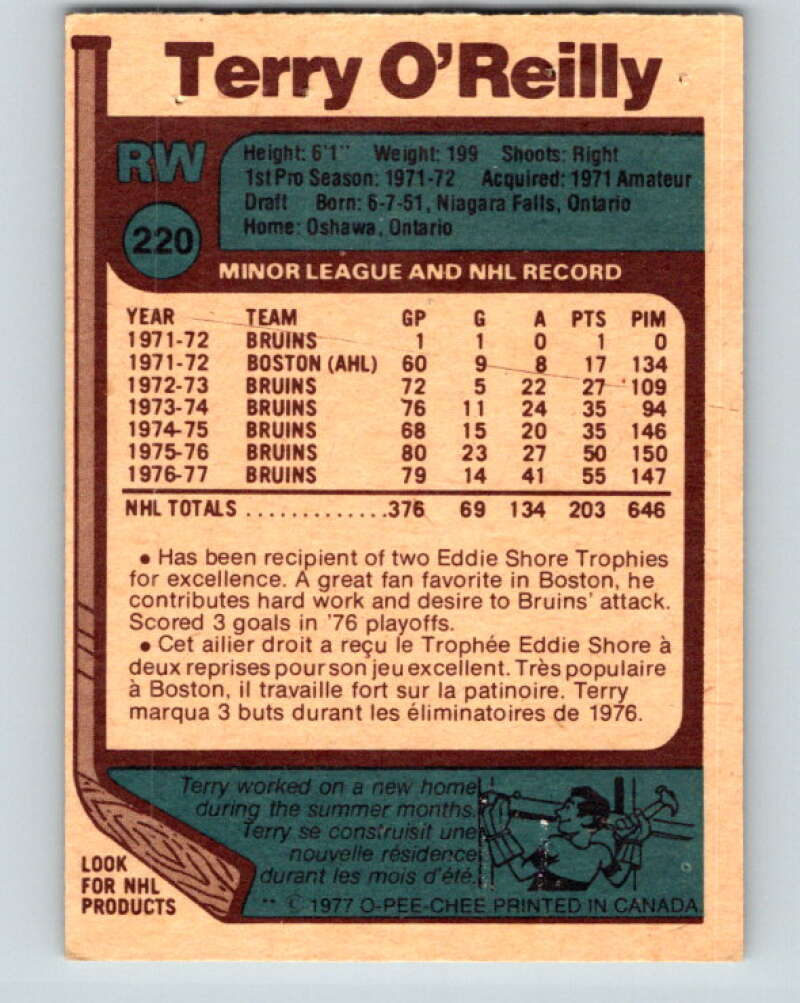 1977-78 O-Pee-Chee #220 Terry O'Reilly Boston Bruins V14495