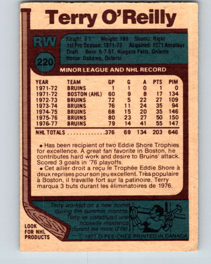 1977-78 O-Pee-Chee #220 Terry O'Reilly Boston Bruins V14496