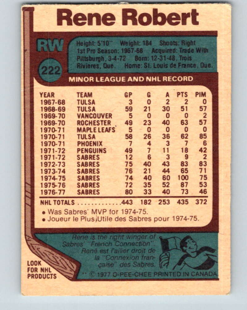 1977-78 O-Pee-Chee #222 Rene Robert Buffalo Sabres V14508