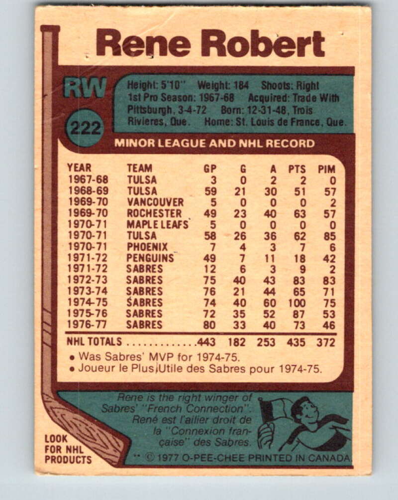 1977-78 O-Pee-Chee #222 Rene Robert Buffalo Sabres V14509