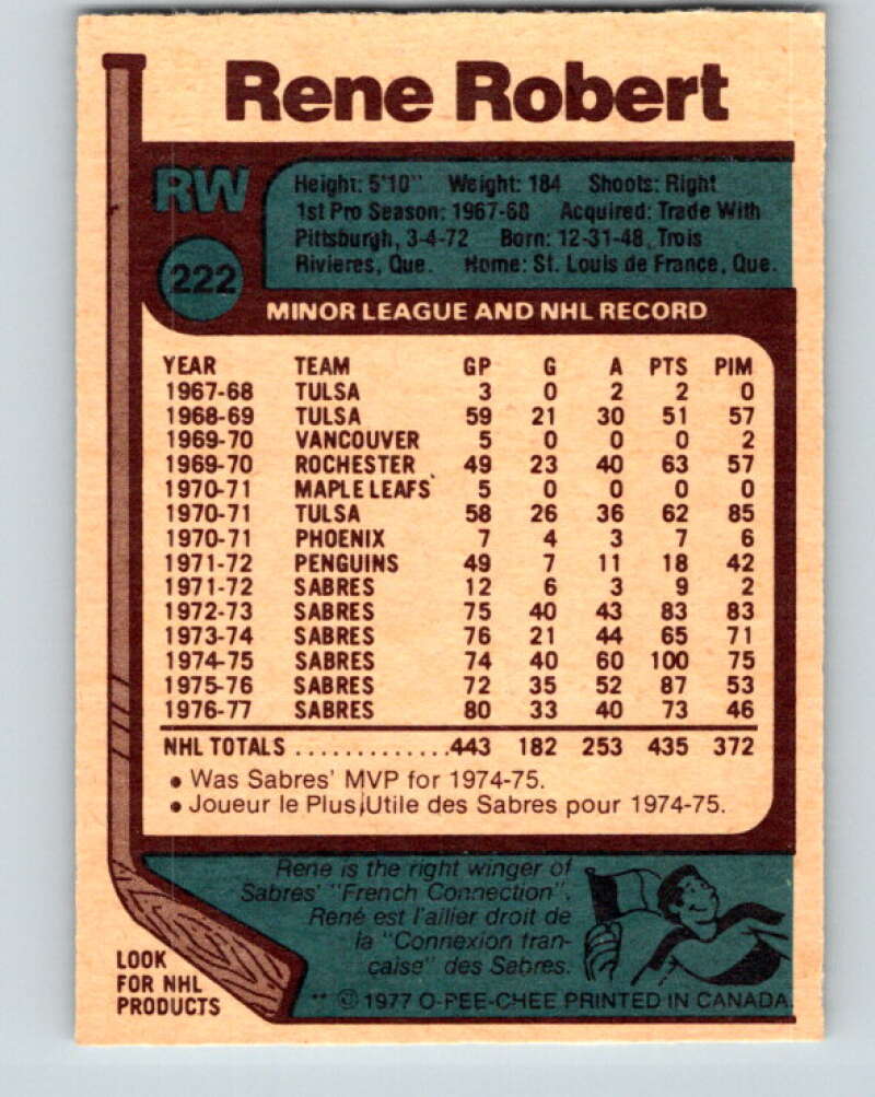 1977-78 O-Pee-Chee #222 Rene Robert Buffalo Sabres V14510