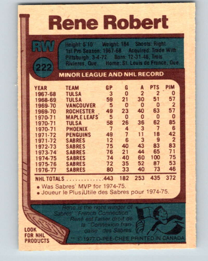 1977-78 O-Pee-Chee #222 Rene Robert Buffalo Sabres V14511