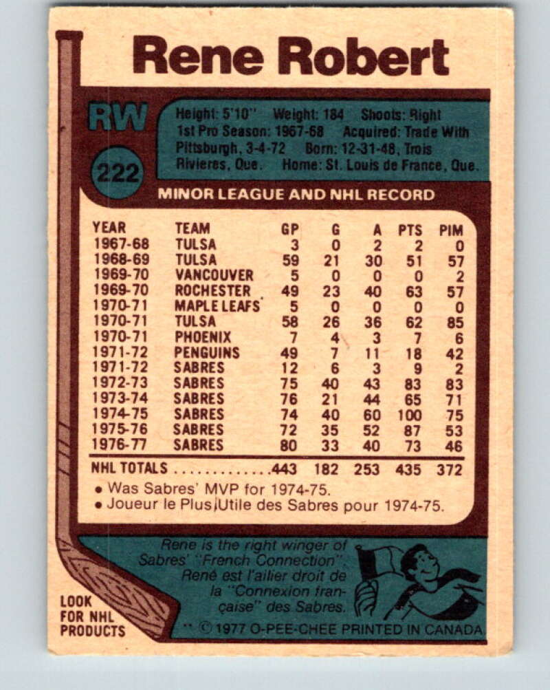 1977-78 O-Pee-Chee #222 Rene Robert Buffalo Sabres V14512